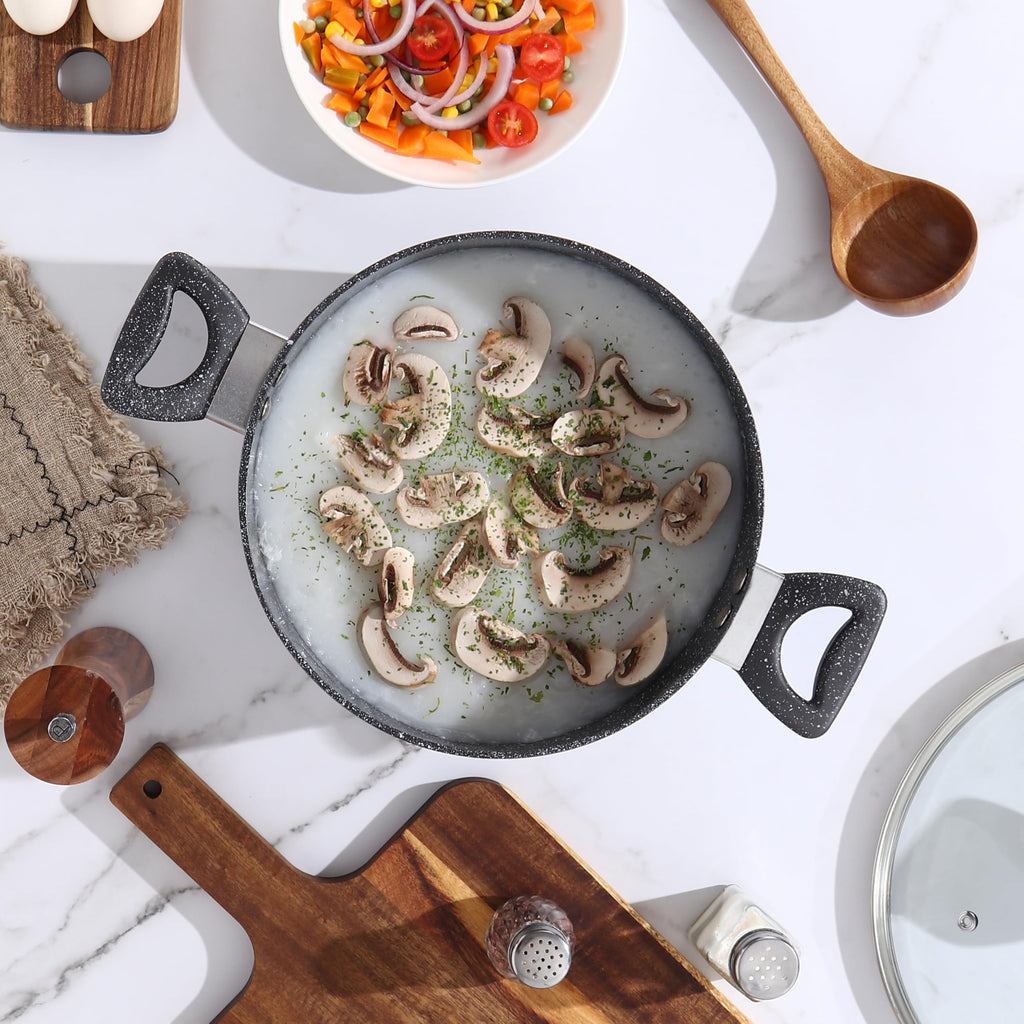 13-Piece Beige Marble Coated Non-Stick Cookware Set with Glass Lids N930