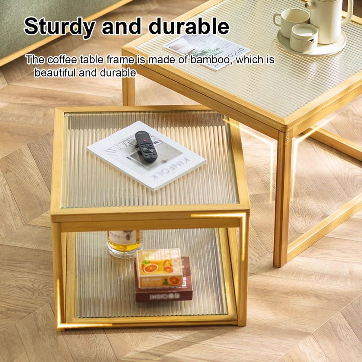 Square Coffee Table Set of Two, Natural Bamboo L760