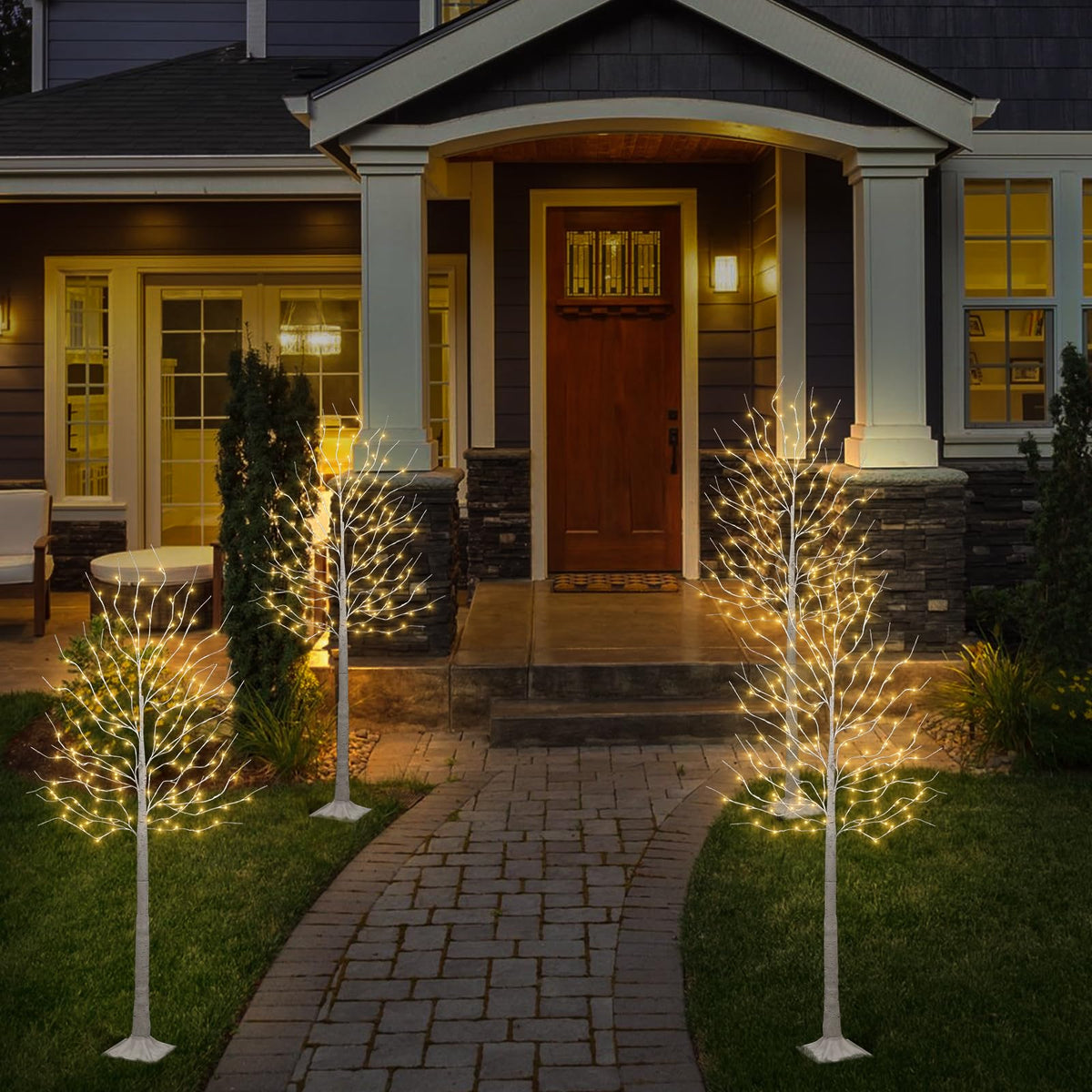 Set of 2 6 feet Lighted Birch Tree 160 LED Warm White G389