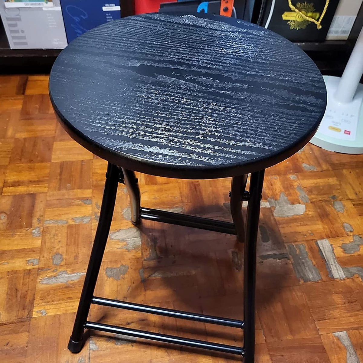 Black Round Folding Stool with Metal Frame O92947