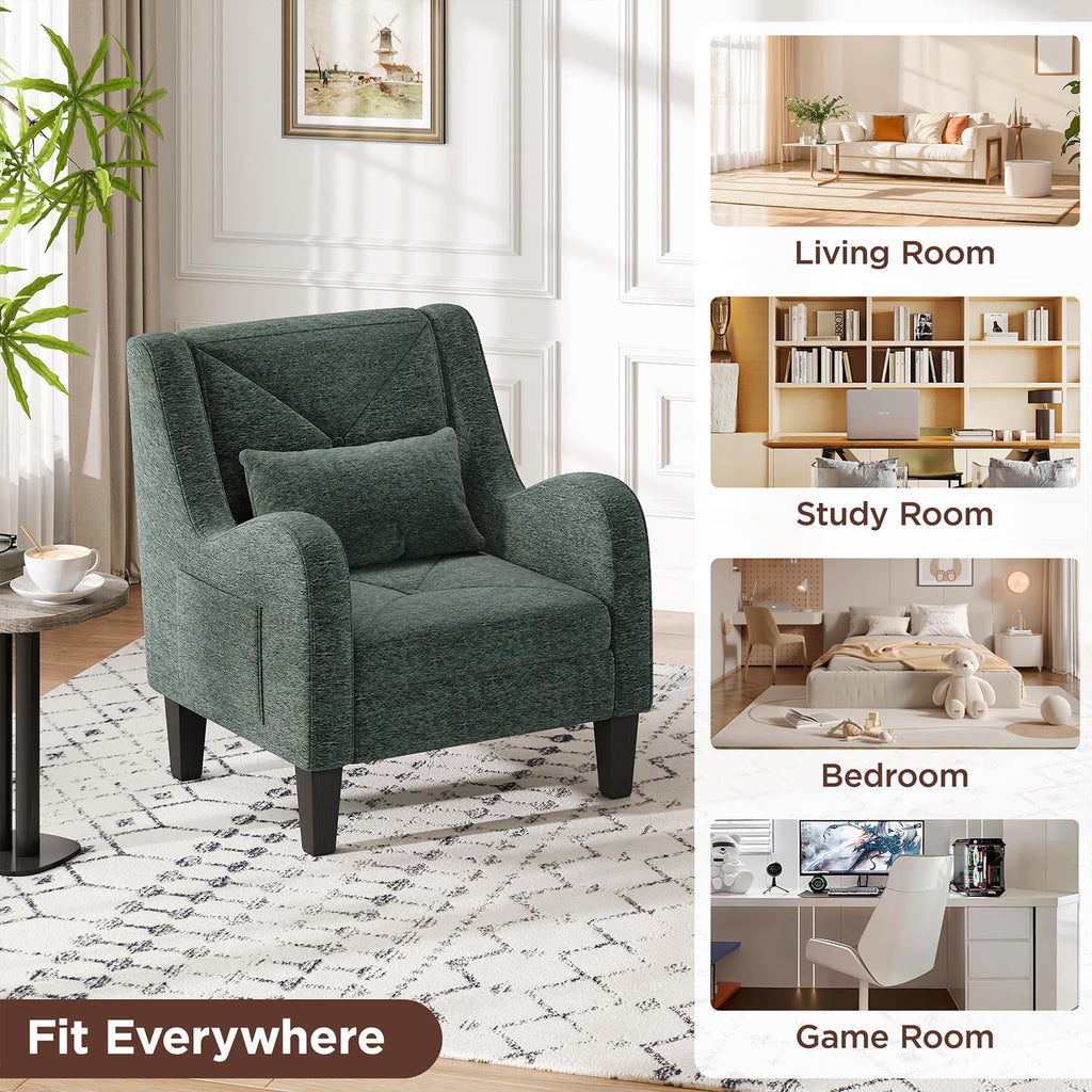 Green Chenille Upholstered Accent Chair with Lumbar Pillow Z8510