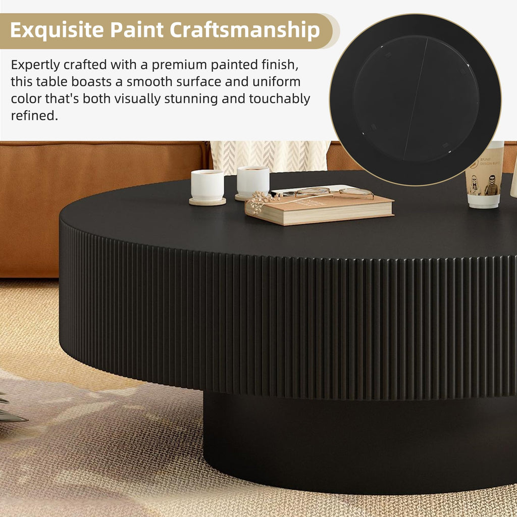 Round Coffee Table, 31.5" Fluted Pedestal Wood Table, Black N23184