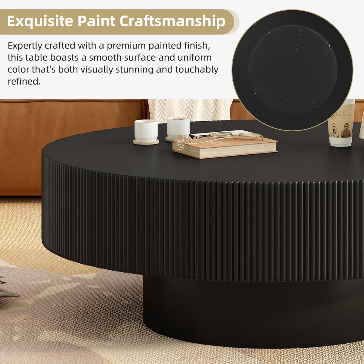 Round Coffee Table, 31.5" Fluted Pedestal Wood Table, Black N23184