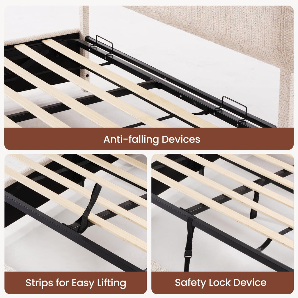Queen Lift Up Storage Bed Frame with Adjustable Headboard, Beige Z171