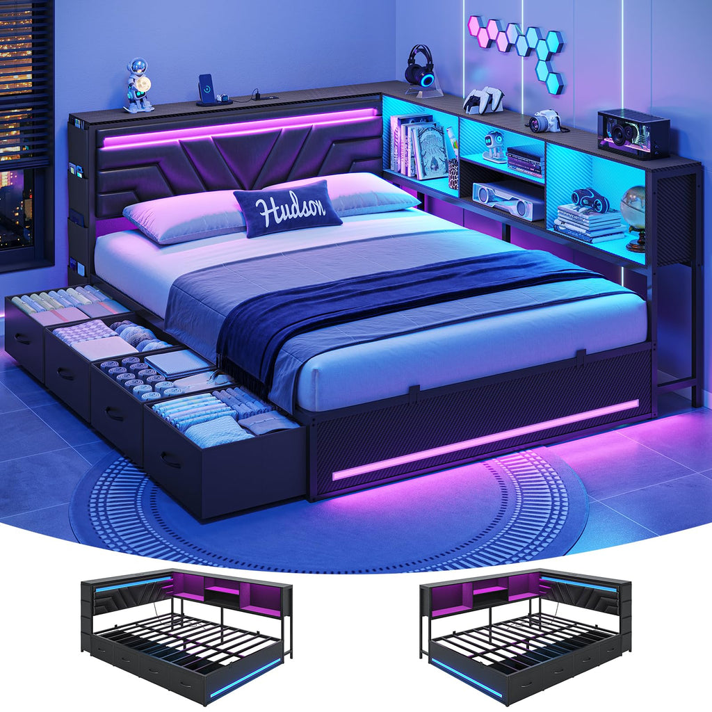Corner Bed Frame with Storage Bookcase and 4 Drawers Z864578