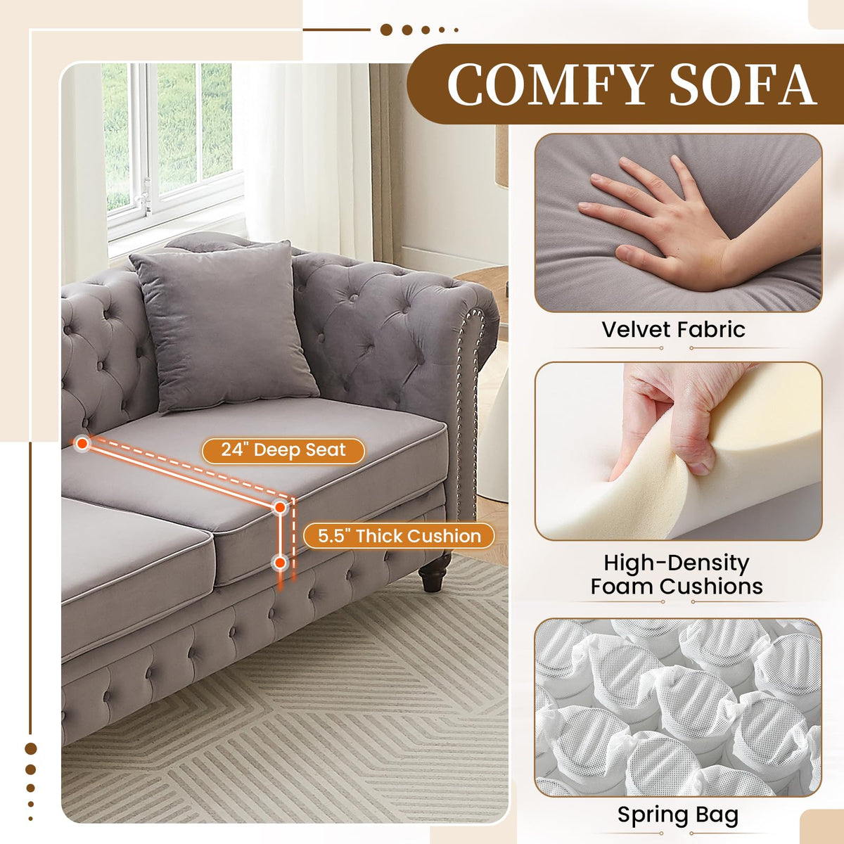 Light Grey Velvet Button Tufted Loveseat Sofa F784743
