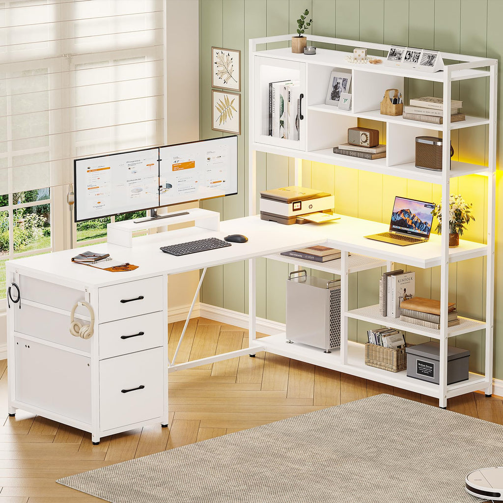 58'' L Shaped Computer Desk with 3 Drawers and Bookshelf Q958353