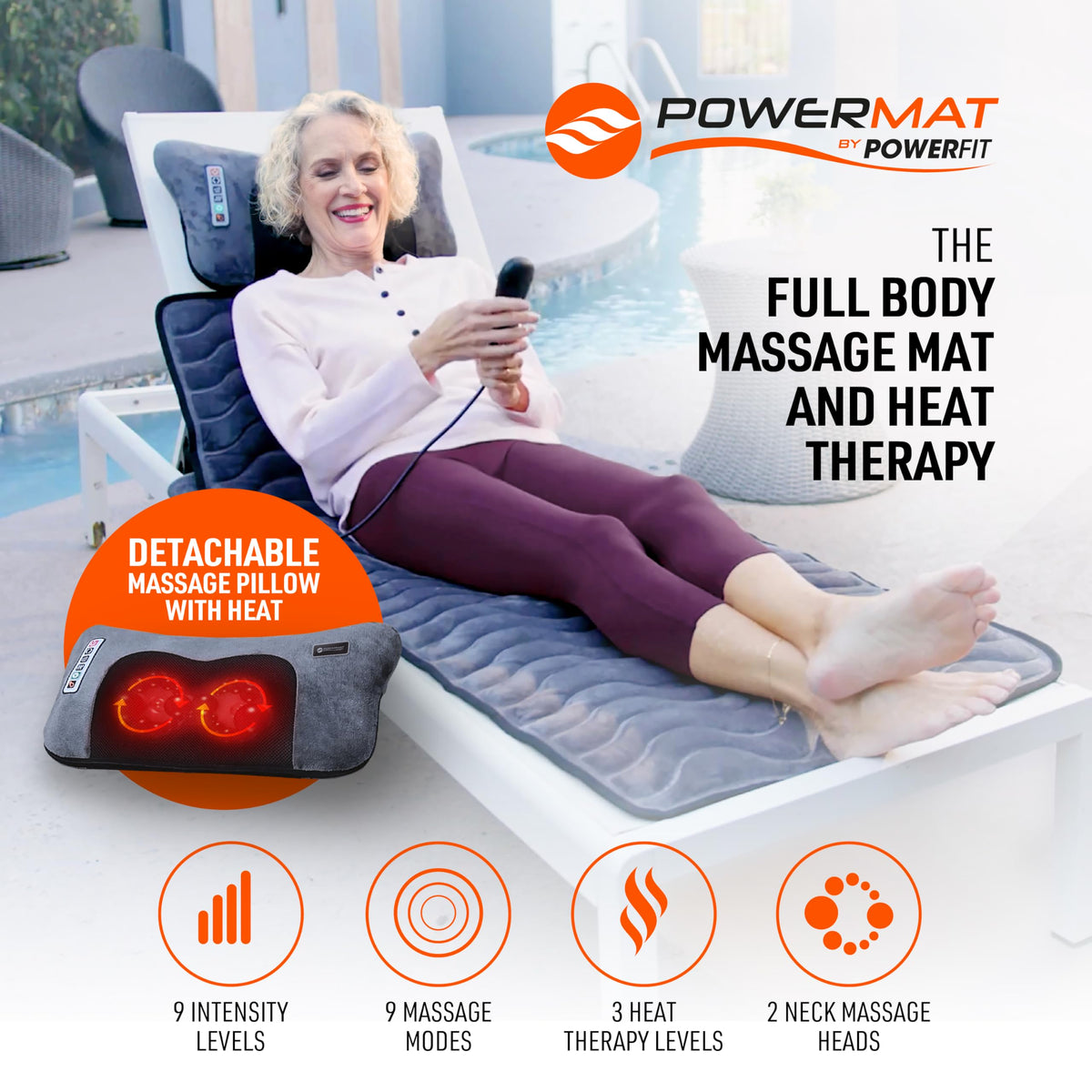 Full Body Massage Mat with Detachable Massage Pillow, 9 Intensity Levels, 9 Massage Modes & 3 Heat Settings K5281