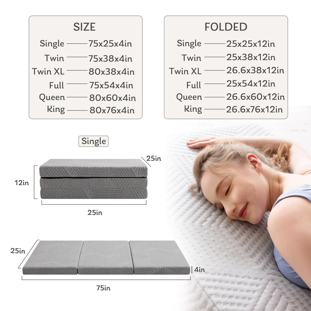 4 Inch Gel Memory Foam Trifold Mattress U9291