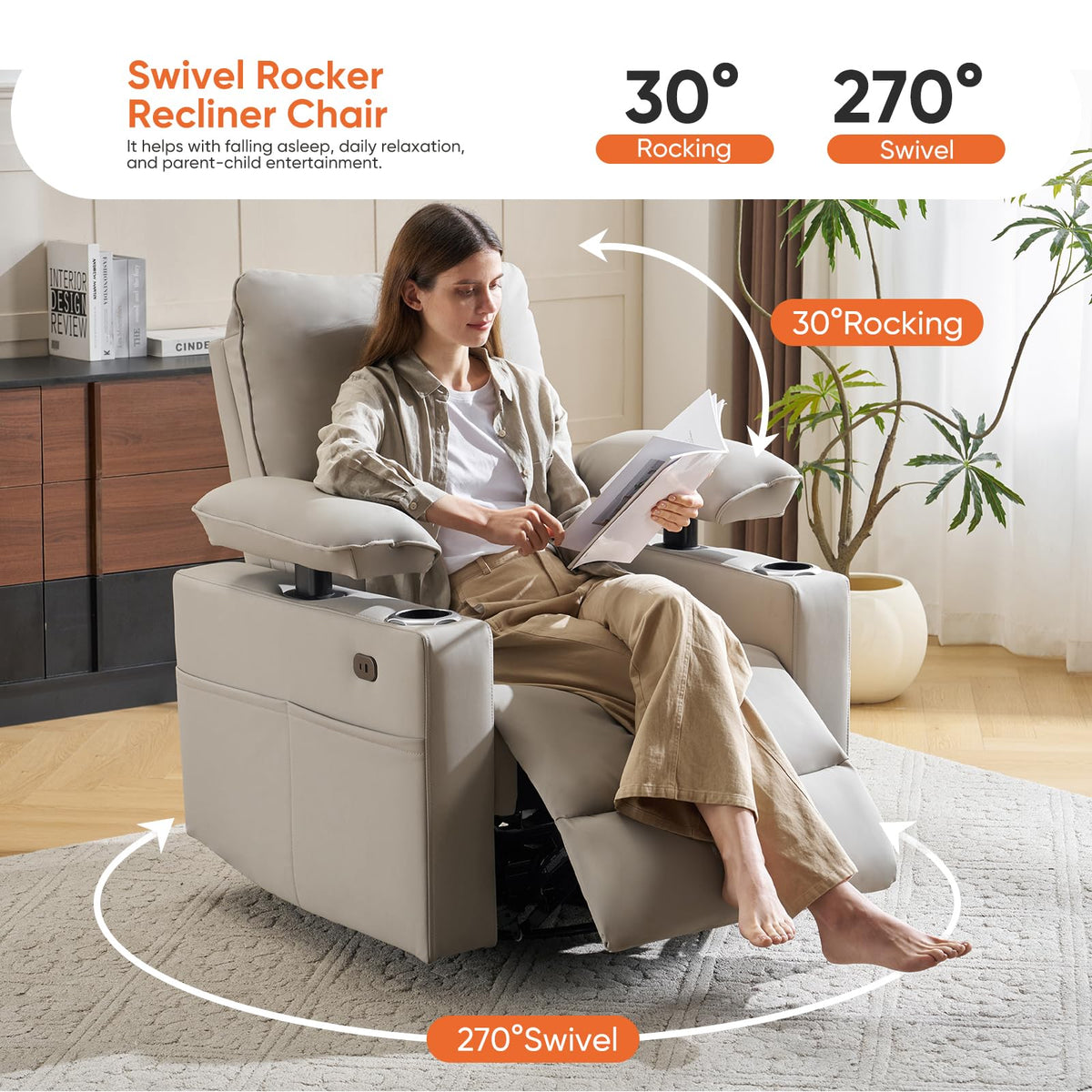 Oversized Power Swivel Rocker Recliner with Heating and Massage, Faux Leather, Grey U15594