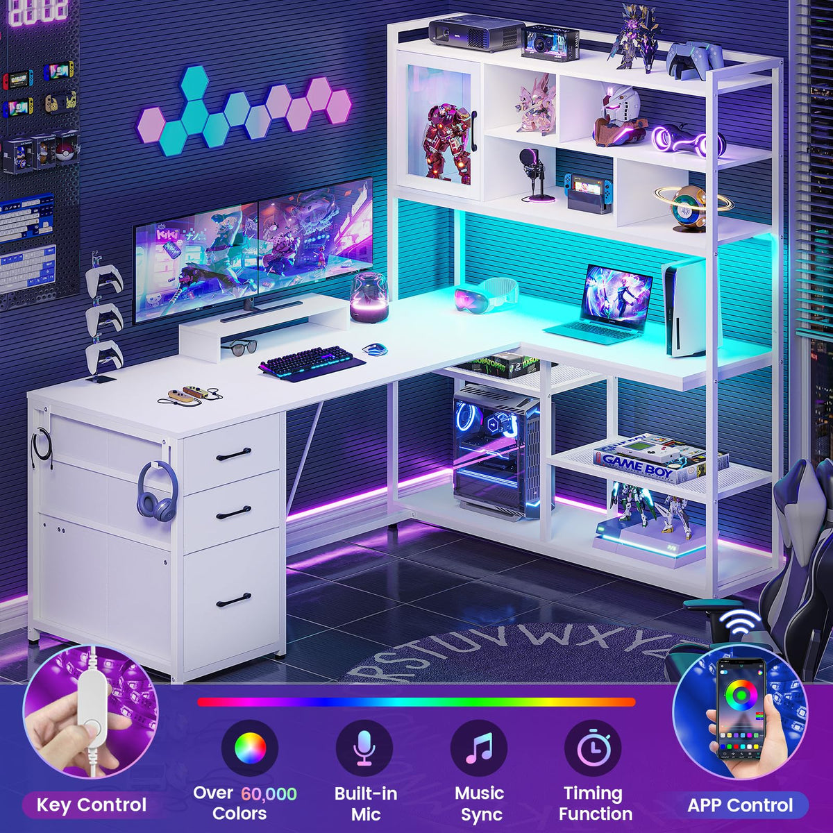 58'' L Shaped Computer Desk with 3 Drawers and Bookshelf Q958353