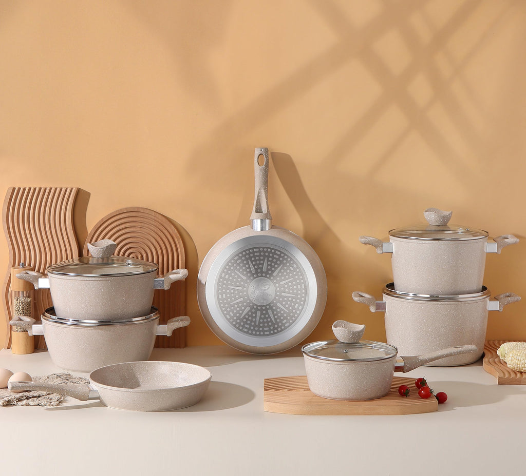 13-Piece Beige Marble Coated Non-Stick Cookware Set with Glass Lids N930