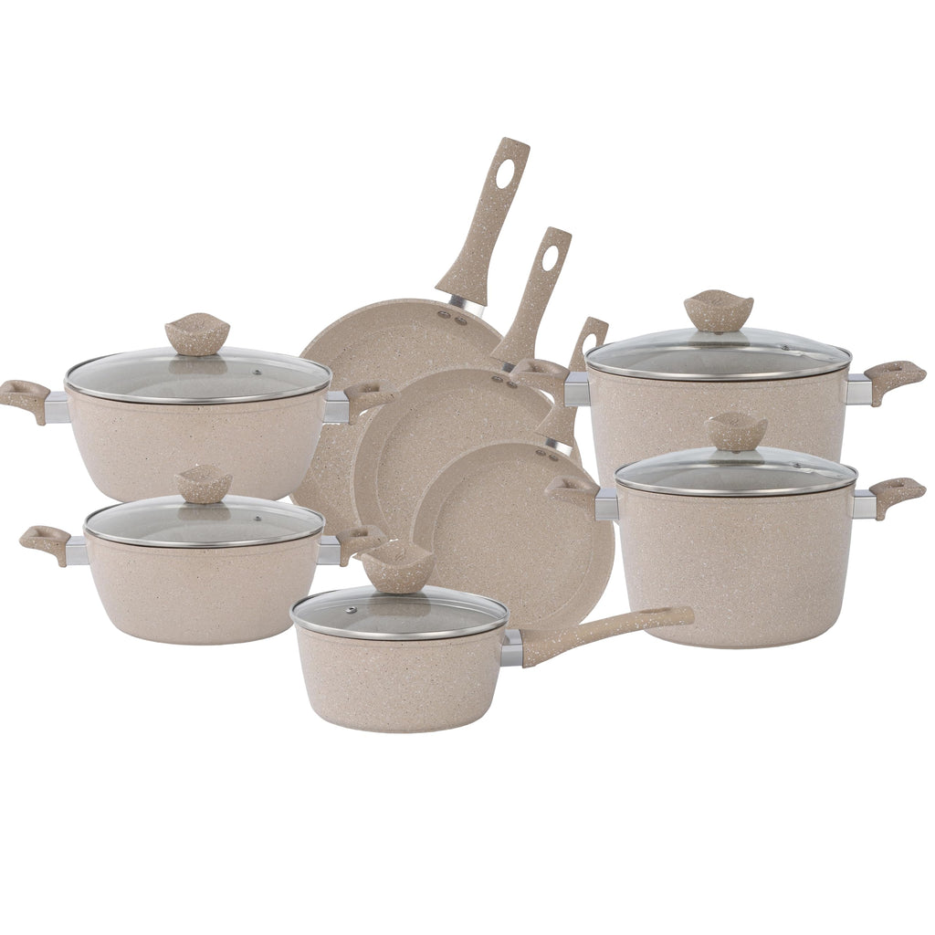 13-Piece Beige Marble Coated Non-Stick Cookware Set with Glass Lids N930