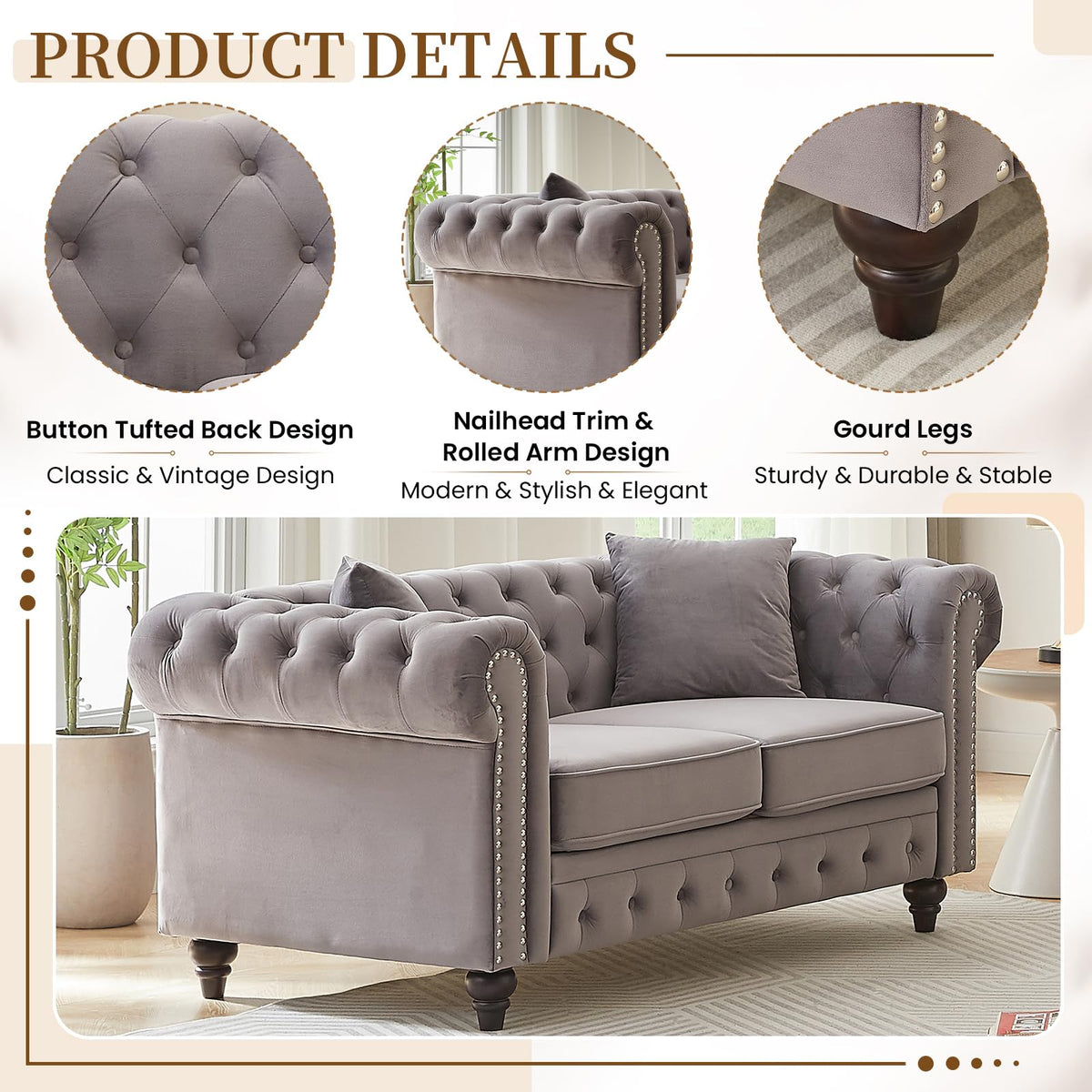 Light Grey Velvet Button Tufted Loveseat Sofa F784743