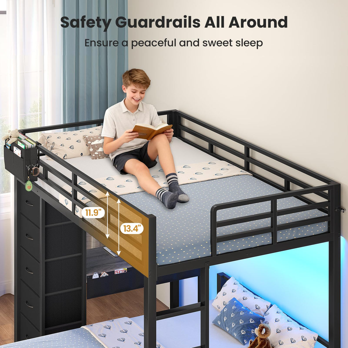 Full Size Bunk Bed with Desk, 5 Drawers, Black Z90036
