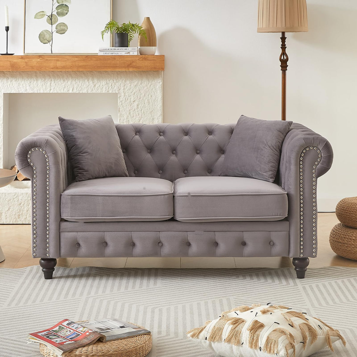 Light Grey Velvet Button Tufted Loveseat Sofa F784743