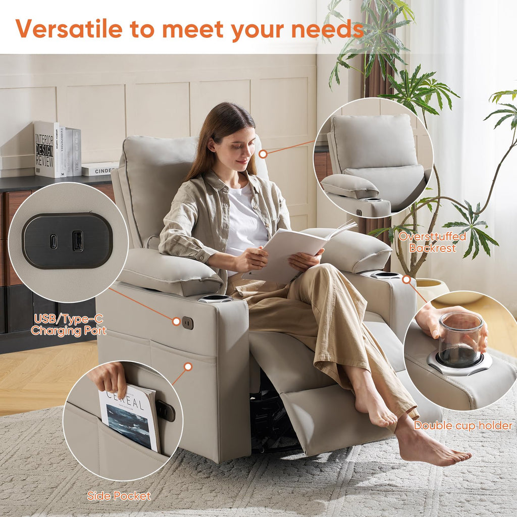 Oversized Power Swivel Rocker Recliner with Heating and Massage, Faux Leather, Grey U15594
