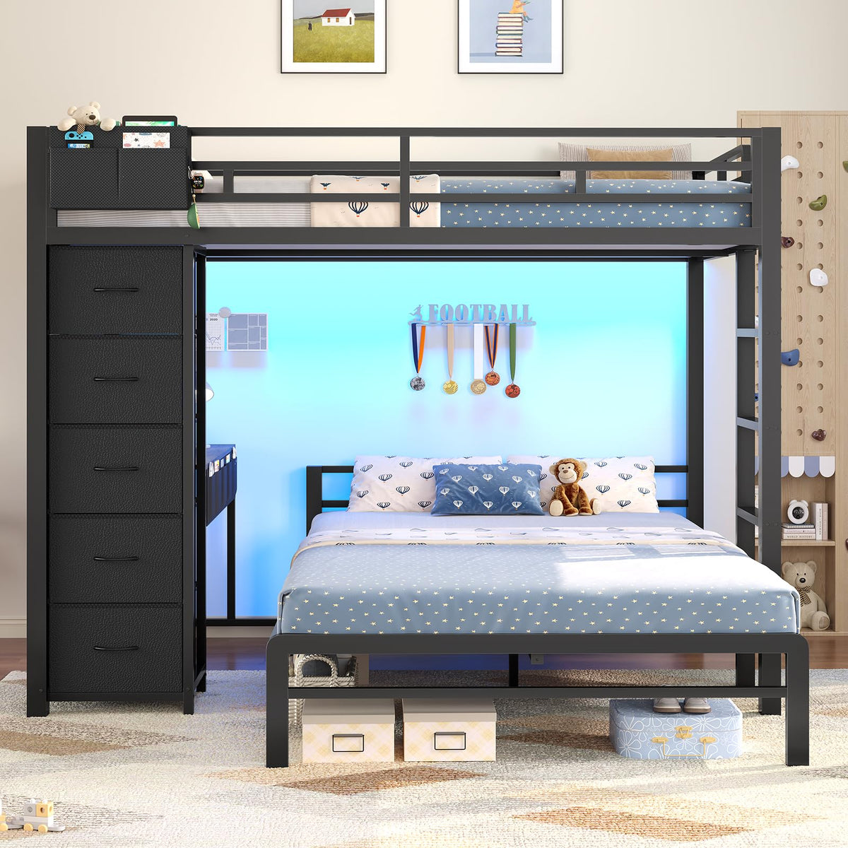 Full Size Bunk Bed with Desk, 5 Drawers, Black Z90036