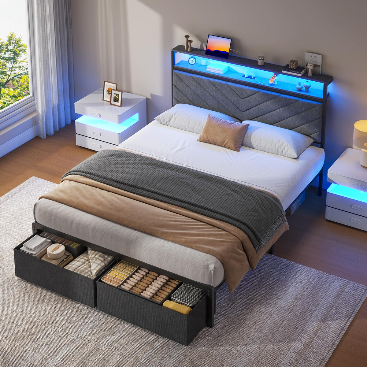 Grey Full Bed Frame with 2 Drawers B460