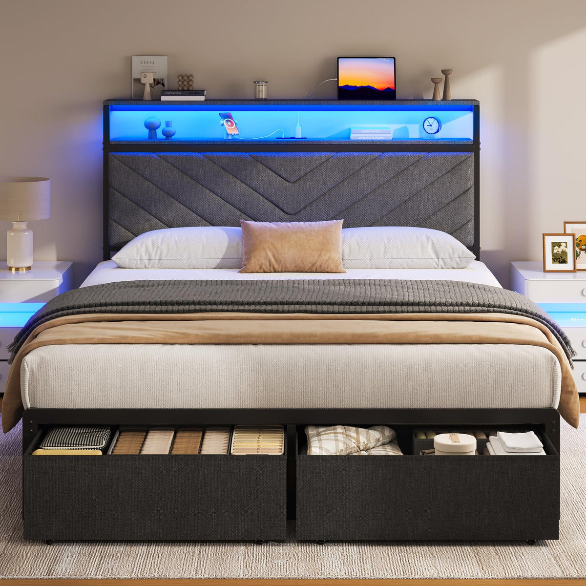 Grey Full Bed Frame with 2 Drawers B460
