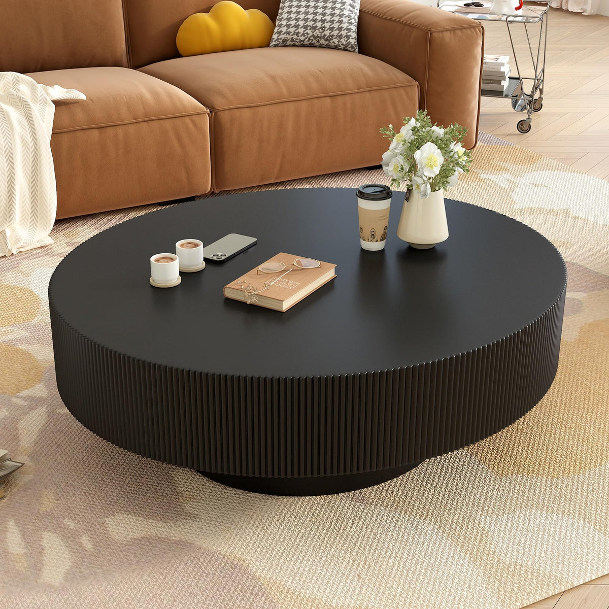 Round Coffee Table, 31.5" Fluted Pedestal Wood Table, Black N23184