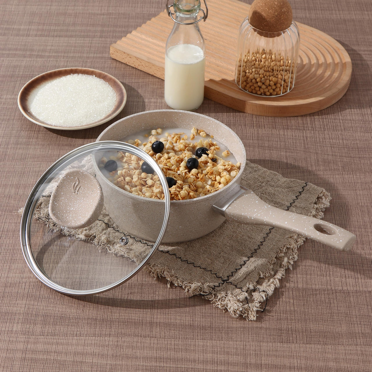 13-Piece Beige Marble Coated Non-Stick Cookware Set with Glass Lids N930