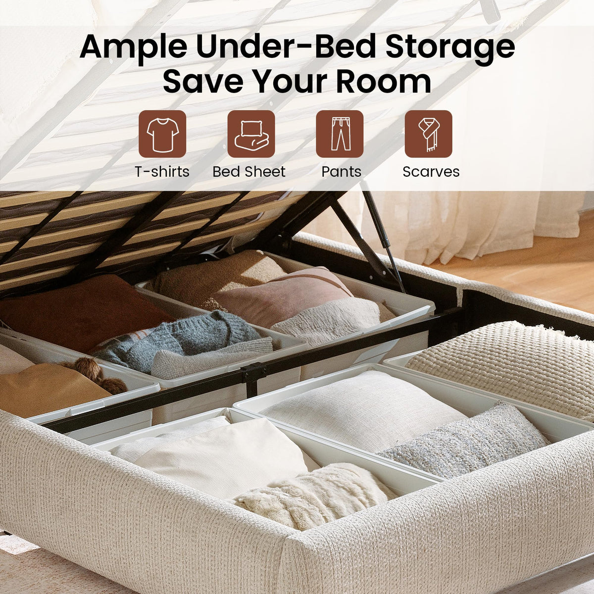 Queen Lift Up Storage Bed Frame with Adjustable Headboard, Beige Z171