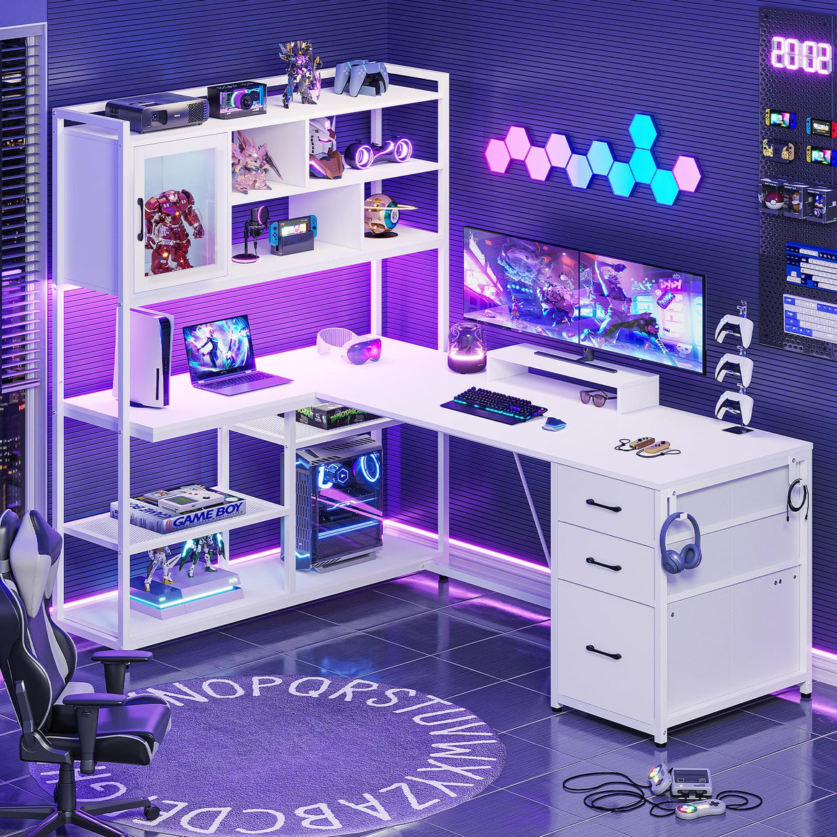 58'' L Shaped Computer Desk with 3 Drawers and Bookshelf Q958353